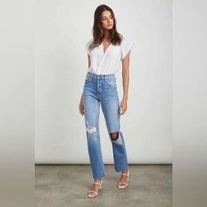 High-Rise Straight Leg Distressed Jeans in Light Blue